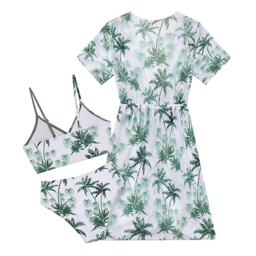 Weixinbuy Girls 3 Piece Swimsuits Tropical Print Bathing Suit with Drawstring Criss Cross Bikini Set Cover-up for Teen Girls2
