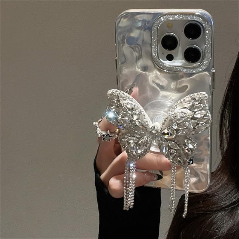 Image of COVERLY for iPhone 12 Pro 3D Butterfly Tassel Diamond Holder Stand Wrinkle Artistic Phone Case, Luxury Rhinestone Glitter Bride Water Ripple Lens Protection Holographic Cover for Apple iPhone 12 Pro