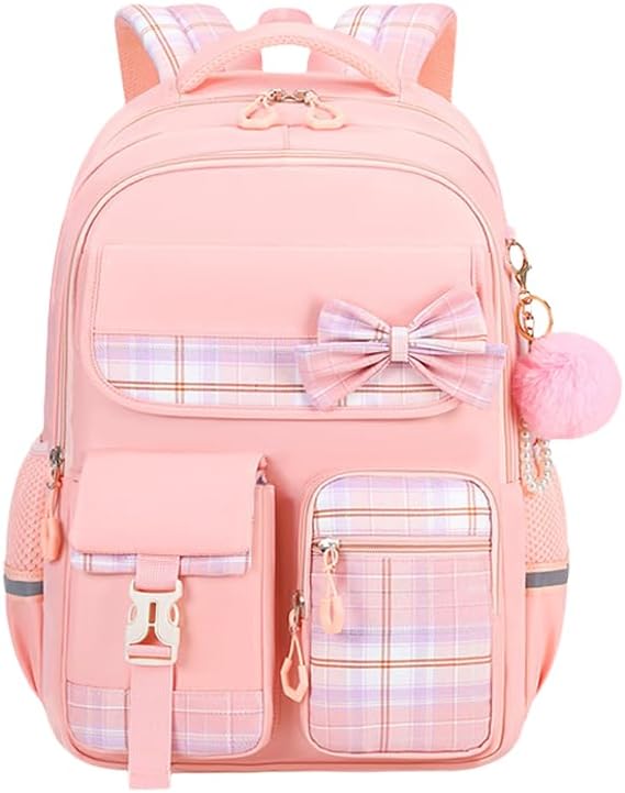 Kids Backpack for Girls, Cute Plaid Large Capacity Bookbag for Students Teens Preppy Aesthetic Kawaii Bow Elementary Primary Middle School Book Bag 6-8 8-10 10-12 (Pink)