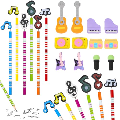 Rdlobu Conjunto de 24 lápis de notas musicais, 12 lápis HB e 12 borrachas para crianças, música em forma de partitura única para crianças e estudantes