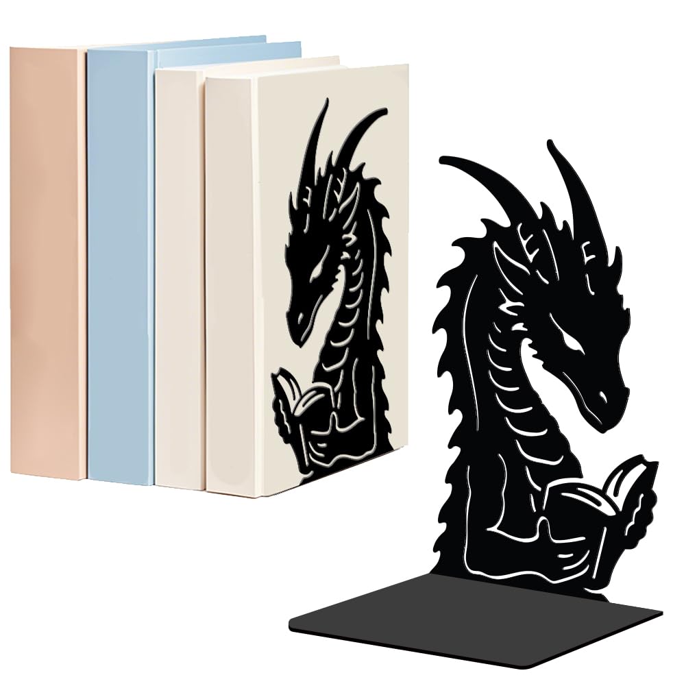 WADORN 1 Pair Reading Dragons Metal Decorative Bookend for Shelves, Heavy Duty Book Ends Modern Non-Skid Books Holder Stand Black Book Support Stoppers for Desk Bookshelf Office Home, 5.3x4.3x7.8 Inch
