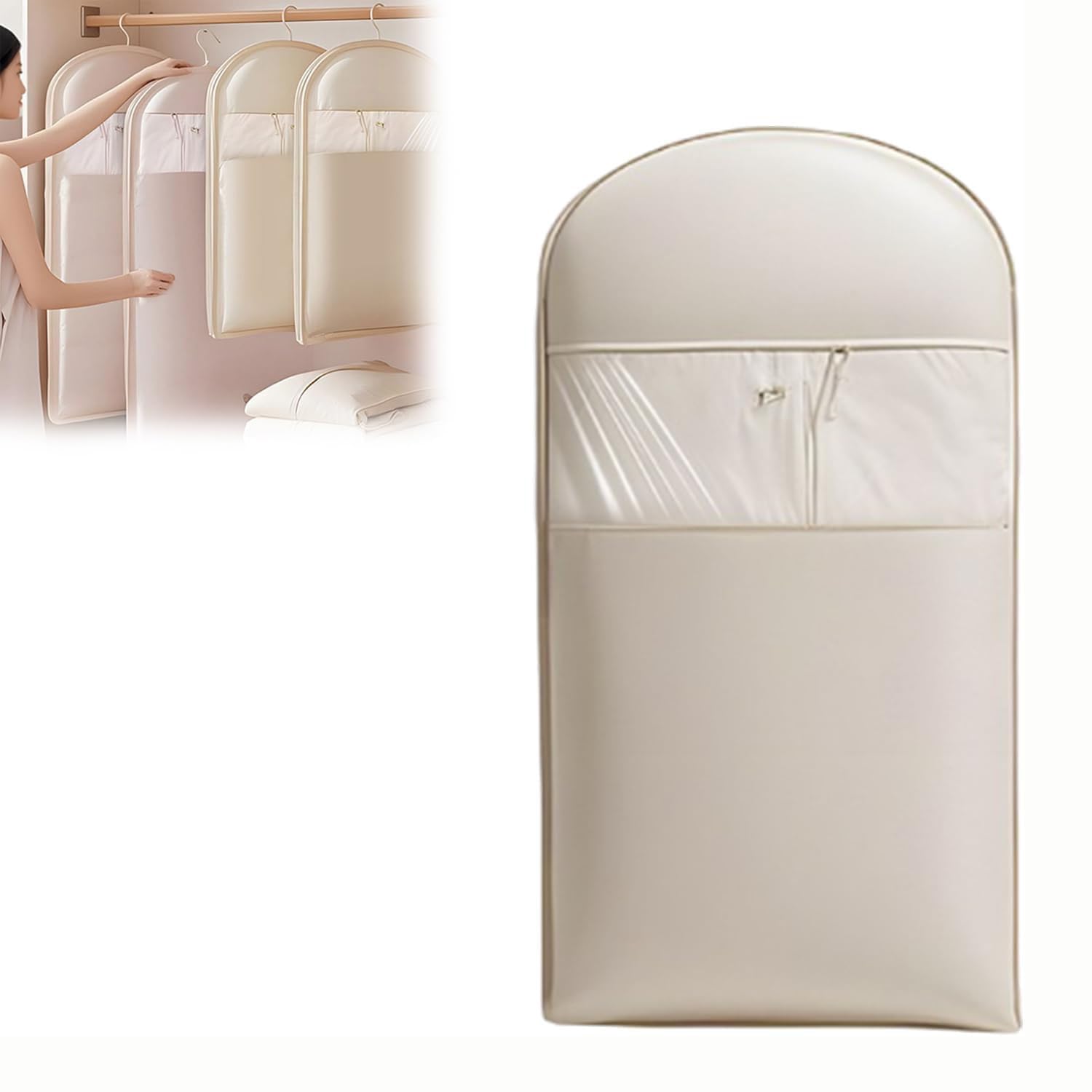 Udaroye Beige Space Saving Hanging Garment Bag With Self Compression Zipper, Dust Cover Clothes Bags For Down Coat, Winter Coat Organizers For Closet Storage