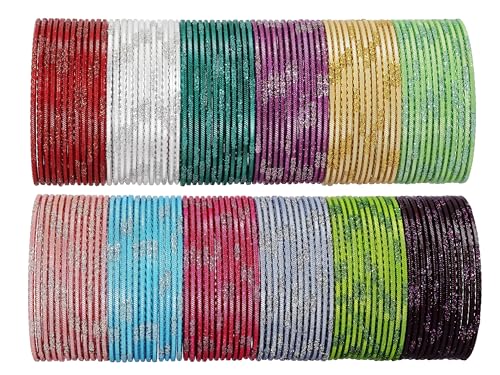 Image of NMII Stylish Multi colour Metal Bangles set for women and Girls with Zari and Cutting Design | Fancy Multicolour Bangles for women | Metal Chudi Set For Women | Women's Bangles