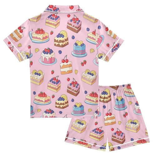 Satin Pajama Sets Short Sleeve Cake Fruits Pattern Button Down Silky Nightwear 2 Piece PJS 5-14Y2