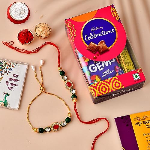 CraftVatika Rakhi For Brother and Bhabhi Gift Hamper | Pooja Coin | Premium Rakhi Combo Set 2 With Chocoloaces | Kundan Rakhi For Bhai Bhabhi Bhaiya With Chocolate