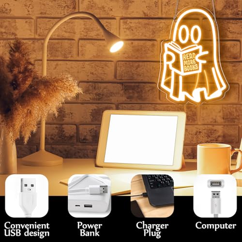 Image of Retisee Ghost Reading Book Lamp Reading Ghost Neon Sign LED Room Hanging Sign Book Neon Light for Bedroom Home Library Read Club Kids Room Store Lover Gifts