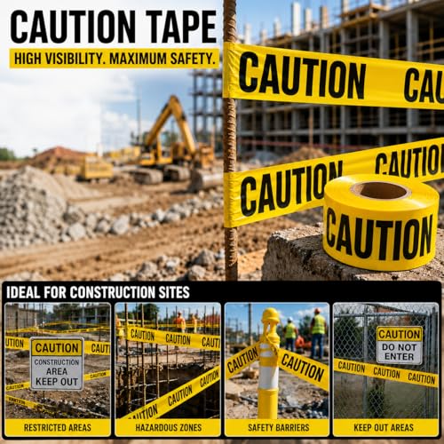 Image of ATERET Premium Yellow Caution Tape 12-Pack 3 inch x 1000 feet, Hazard Safety Tape, Construction Tape for Danger /Hazardous Area, Ideal Use for Halloween Decorations, Party, Work-Site