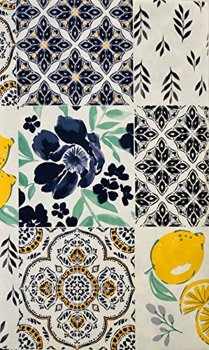 Lemons And Floral Geometric Patterns Patchwork Vinyl Flannel Back Tablecloth (60 X 84 Oblong) #TOP6