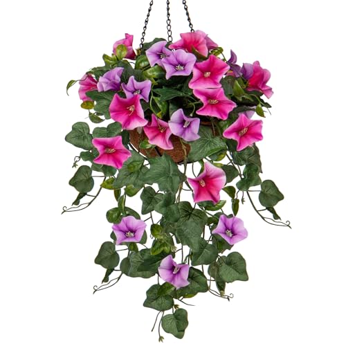 Briful Fake Hanging Flowers with Basket, Artificial Morning Glory Hanging Plants Faux Spring Flowers for Outdoor Front Door Patio Garden Balcony Home Decoration(Pink Purple)