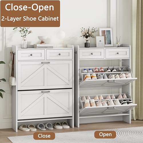 Image of Shoe Cabinet with 2 Flip Drawers & 2 Top Drawers, 43 inch Tall Freestanding Narrow Wooden Shoe Storage Organizer for Entryway, Hidden Slim Shoe Rack for Front Door Entrance, Hallway, Living Room, White