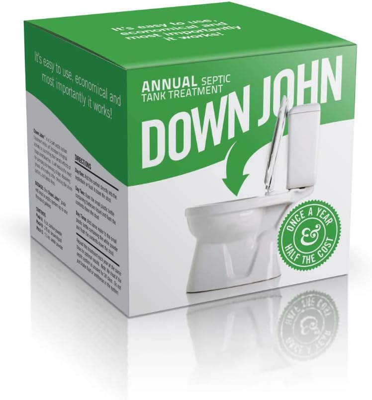 Down John (Once-A-Year) Septic Tank Treatment | 1 Year Supply | 3-Part Concentrate Live Bacteria, Carbon & Enzyme Treatment | Odor Neutralizer | Cleans Septic Lines & Improves Drain Field Absorption