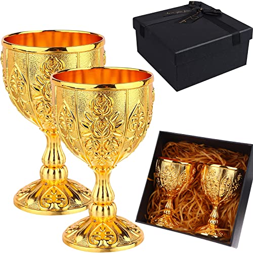 NODRUN 2Pcs Goblet Chalice Small Hand Made Vintage Pure Copper Cup with Gift Box 3.4OZ Engraving Flower Pattern Metal Embossed Wine Liqueur Cup Shot Glass for Art Craft Decoration Home Ornaments