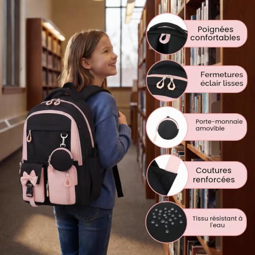 Amythe Cartable pour Filles Primaire et Collège - Sac à Dos Enfant Ergonomique avec Bandes Réfléchissantes - Sac D'école Fille CE2 CM1 CM2 Imperméable Léger pour École Voyage -Rose – vue 2