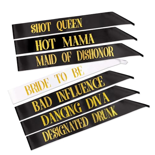 7 Pack Hen Party Sash, 1 White Bride To Be Sash+6 Black Team Bride Tribe Hen Do Sash for Girls Hen Night Out Bridal Shower Wedding Bachelorette Party Accessories
