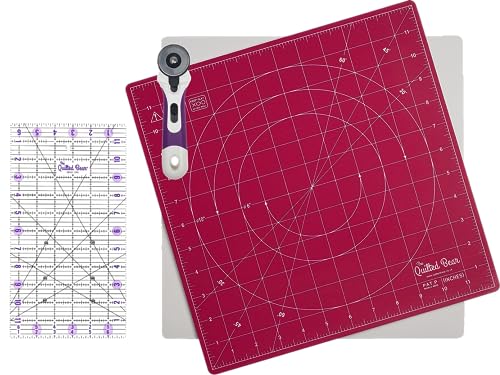 The Quilted Bear 12" x 12" Self-Healing Rotating Cutting Mat with 6.5" x 12" Non-Slip Quilting & Sewing Ruler & 45mm Ergonomic Soft Grip Rotary Cutter - Image 2