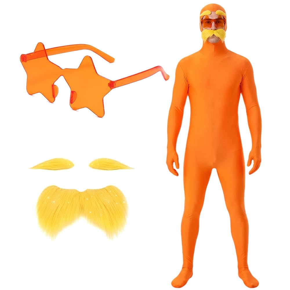 Orange Bodysuit Costume Unisex, Orange Morph Suit with Beard, Eyebrows and Star Glasses, Slenderman Costume, Open Face Cosplay Jumpsuit for Halloween, Carnival and Theme Party, Adults Unisex, XL