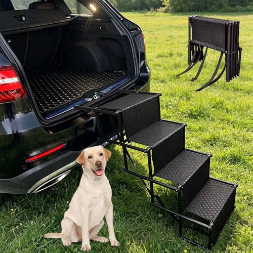 4 Step Folding Dog Stairs for Car Extra Wide Non-Slip Surface Portable Pet Steps Supports up to 80KG for Cars SUVs and Trucks