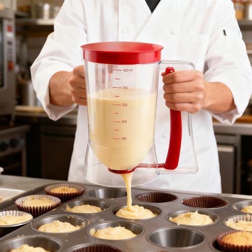 Image of Pancake Batter Dispenser - Cookie Cupcake Cupcakes Waffle Waffles Separator Tool with Squeeze Handle, Easy Pour & Measuring Label for Griddle, Baking Supplies, Crepe & Cake Muffin Mix, Red
