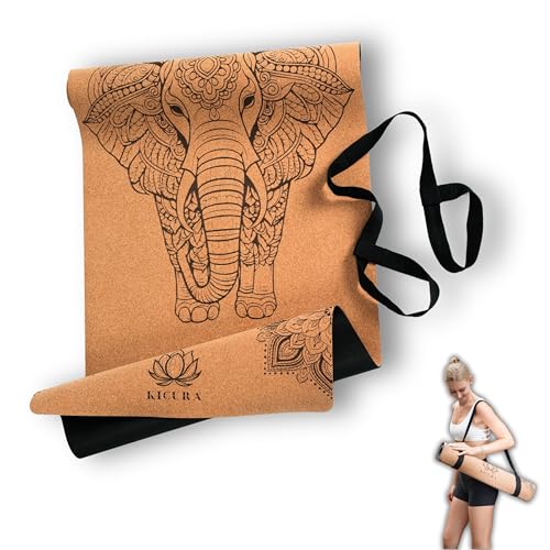 Kicura yogamatta av kork och naturgummi med elefantmotiv – halkfri premiummatta, 4 mm tjock, med bärrem – hållbar, i 3 storlekar (storlek-L)