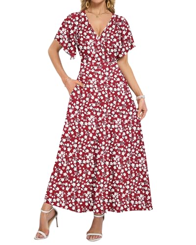 WNEEDU Robes d'été pour Femme Robe Longue col en V Robe Portefeuille élégante Robe de Plage à Manches Courtes avec Poches Rouge Floral L