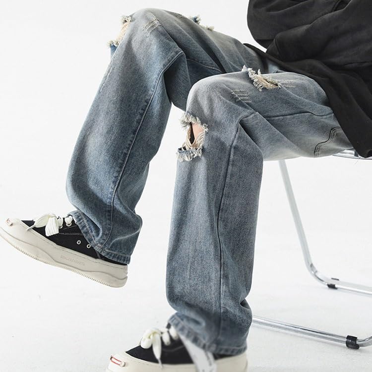 Loose Jeans with Holes, Elastic Waist, Wide Legs, Casual Pants, Floor Mops3