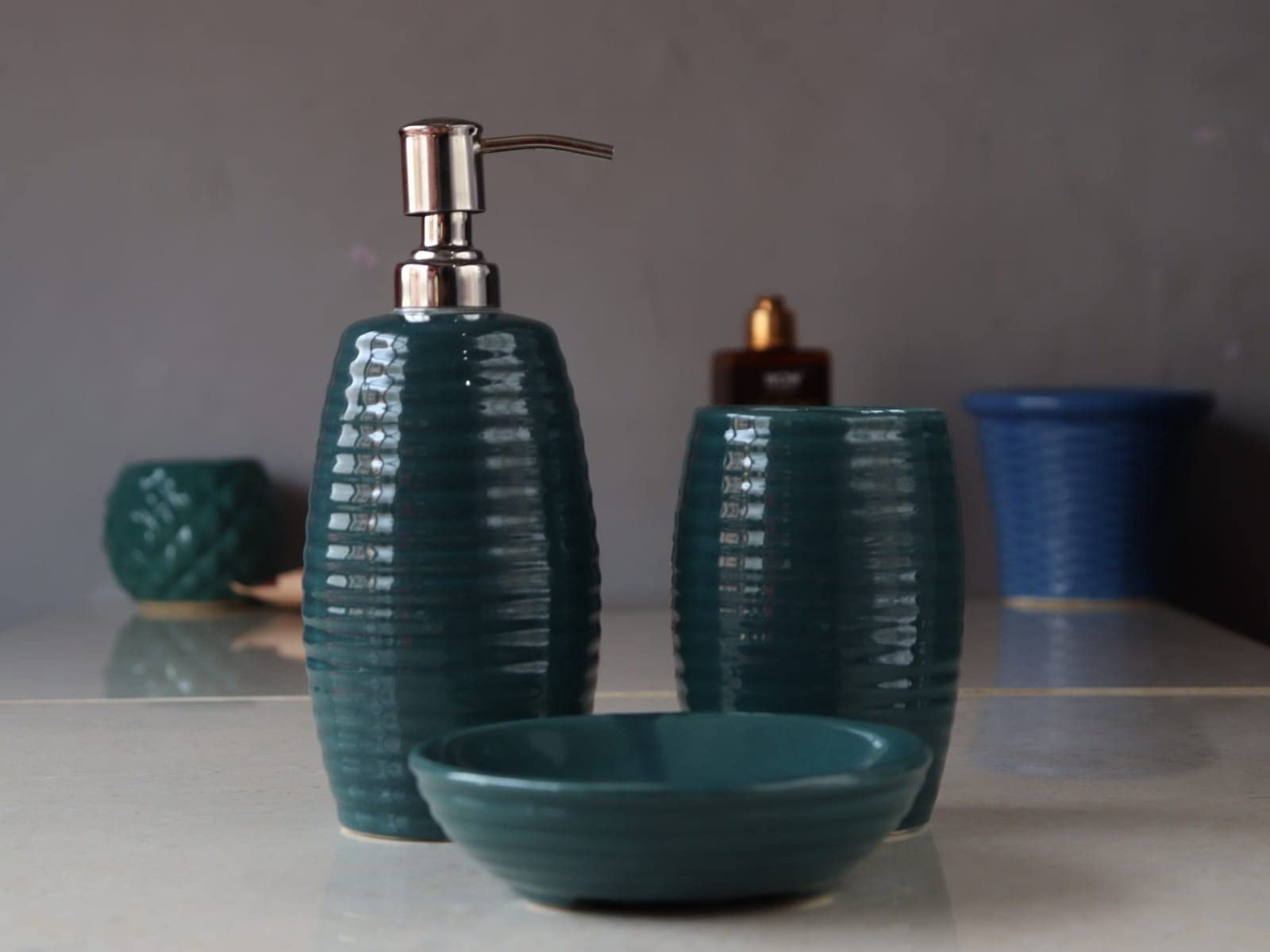 Kaolinite Ceramic Bathroom Accessories Set for Utility and Bathroom Decor | Liquid Soap Dispenser, soap Tray, Toothbrush Holder Radium Green (SA-1)