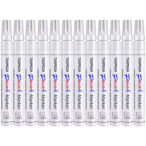 White Paint Pens Permanent Paint Markers - 12 Pack Oil Based Marking Pens Medium Point Quick Drying and Waterproof Pens for Rock Painting Car Tyre Metal Plastic Canvas Wood