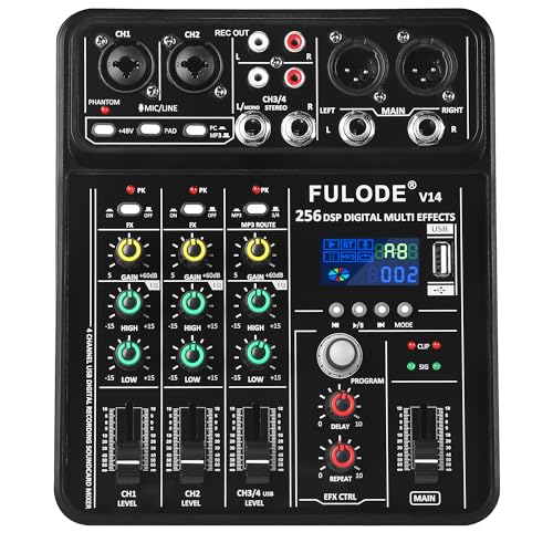 FULODE 4 Channel Mixer DJ Audio Mixing Console with 256DSP, Small Music Sound Mixer Board Supports USB Bluetooth MP3 Computer Input, 48V Phantom Power & PAD Function for Recording Studio Streaming