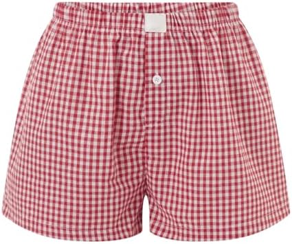 Womens Y2k Cute Plaid Striped Print Pajama Boxer Shorts Gingham Lounge PJ Bottoms Shorts Checkered Sleep Shorts