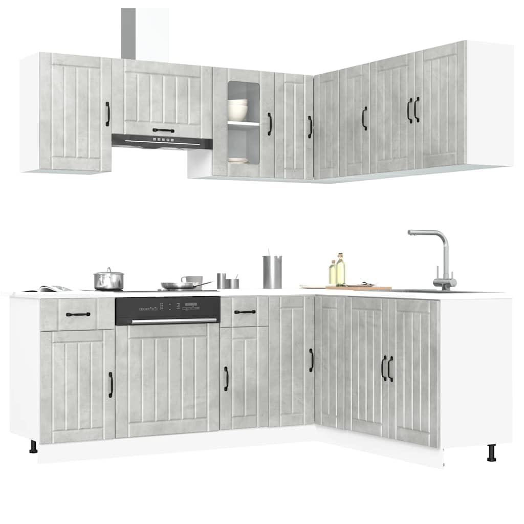Set di 11 mobili da cucina Lucca in legno grigio cemento, mobili da cucina modulari con armadio ad angolo, pensili e pensili per molto spazio in cucina