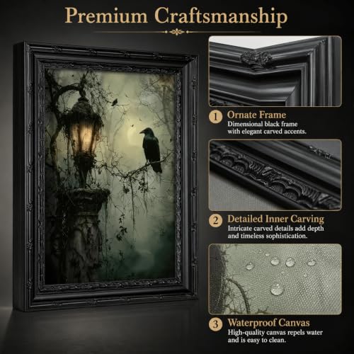Black Framed Wall Art Gothic Raven Canvas Print Halloween Spooky Raven Crow Lantern Decor Picture Moody Dark Academia Artwork for Living Room Bedroom 12x16 inch - image 5