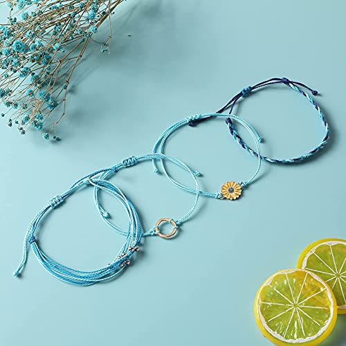 Aster 4 Pcs Summer Surfer Wave Anklet Bracelets For Women Adjustable Strand Braided String Rope Bracelets Sunflower Friendship Bracelets Ocean Beach Jewelry For Women Teen Girls #TOP2