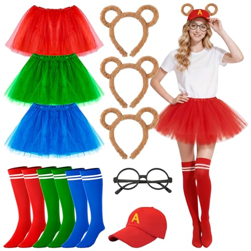 Karneval kostüm Damen Mädchen,3 Ohren 3 Tutu Rock Rote 1 Schwarze Runde Brillenrahmen 1 Rote Cap 3 Socken für Damen Kinder Kostüm Karneval Fasching Mottoparty Halloween