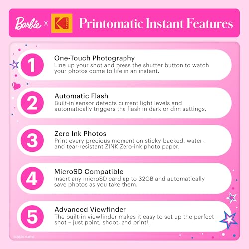 Image of Kodak x Barbie Printomatic Full-Color Instant Print Digital Camera, 5MP Portable Barbie Camera, Zink 2x3 (5.1x7.5 cm) Sticky-Back Photo Paper, Gift for Christmas, Holiday, Birthday, Iconic Style