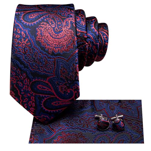 Image of Hi-Tie Paisley Floral Ties Set for Men Silk Mens Stripes Necktie Pocket Square Cufflinks Set Formal Business