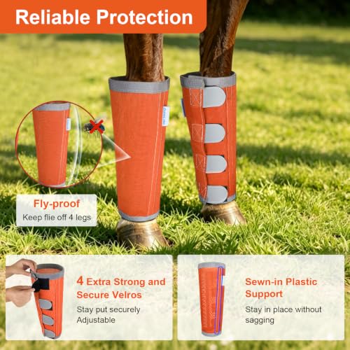 Image of Reflective Horse Fly Boots Set of 4, Loose Fitting Leggings for Horses, Equine Fly Leg Wraps Socks for 4 Legs, Breathable Adjustable and Universal Fit, Reliable Stay Put and on (Orange)