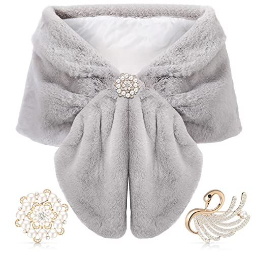 Geyoga Faux Fur Shawl Wrap Stole Shrug Winter Bridal Wedding Scarf Wrap with Faux Pearl Rhinestone Brooches for Women 1920s