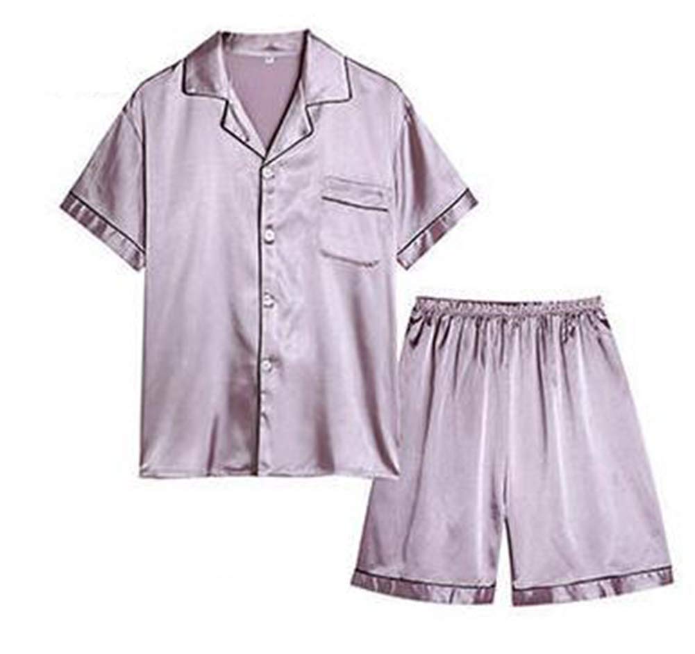 RESPEEDIME Ice Silk Pajamas Couple's Summer Short-Sleeved Shorts Sleepwear Suit Purple/Gray