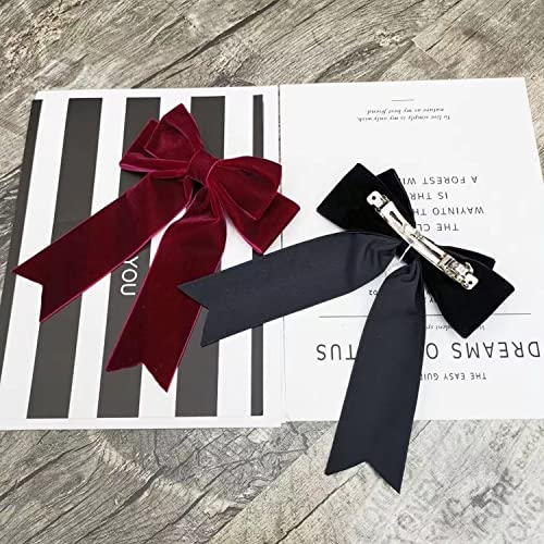 Velvet Bow Hair Clip,Large Satin Ribbon Bow Hairpins,Bows Hair Barrettes Fastener French Hair Bows with Long Ribbon Vintage Party Hair Accessories Women Girls Gifts 2PCS (2Pcs Black & Red Velvet) - Image 6
