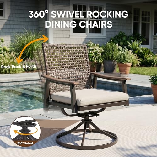 Image of NATURAL EXPRESSIONS Outdoor Dining Set,Patio Table and Chairs Set with 4 Rattan Wicker Swivel Chairs,5 Piece Patio Dining Set for 4,36.6 inch Woodgrain Table with 1.65 inch Umbrella Hole,Patio Sets for Yard