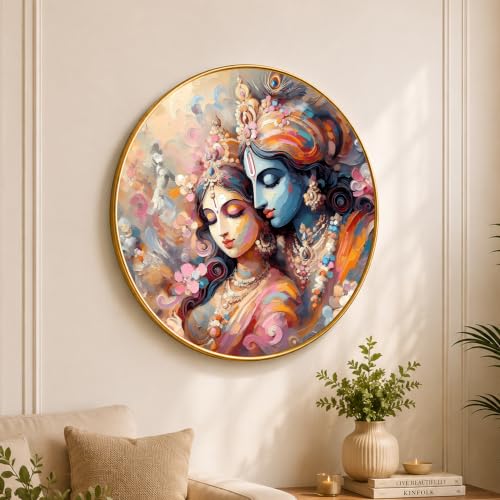 Image of PAINTINGMANTRA Radha Krishna Round Wall Art Painting With Frame For Living Room | Vastu Love & Harmony Decor Framed Painting | Artistic Round Wall Hanging for Living Room, Bedroom & Gifting, 23 Inch