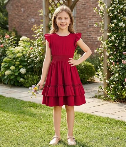 Image of Arshiner Girls Dresses Flutter Sleeve A-Line Sundress Casual Summer Tiered Swing Midi Pocket Dress