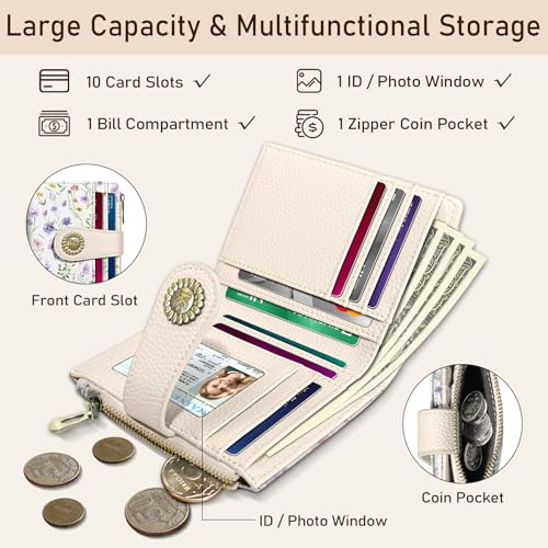 Image of Kelvoris Flowers Floral Small Rfid Women Wallet Bifold Zipper Coin Pocket | PU Leather Compact Cash Credit Card Holder, Travel Purse for Female Ladies Teen Girls, 1 ID Window 10 Card Slots