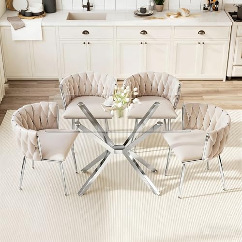 Image of Silver Glass Dining Table Set for 4 with 47.2 inch Rectangular Tempered Glass, 5 Pieces Kitchen Table Set with 4 Comfortable Velvet Chairs for Living Room, Apartments Small Place, Cafe (Beige Chairs)