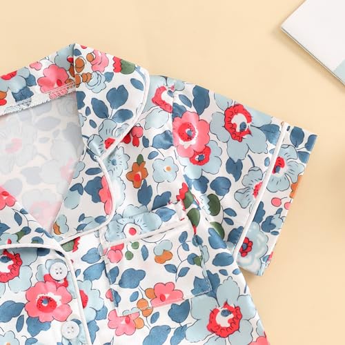 fyclemt Toddler Baby Girl Silk Pajamas Set Daisy Floral Short Sleeve Button Down Shirts Shorts Summer 2Pcs Satin Sleepwear Cute Pjs (Blue Flower, 18-24 Months) - Thumbnail 6
