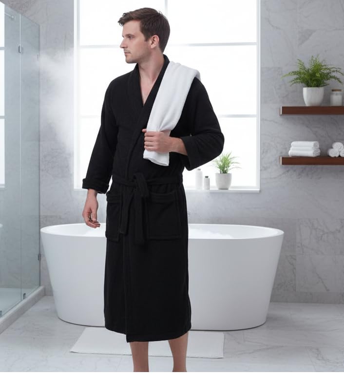 Image of Men's /Women Bath Robe Full Sleeve Cotton Bathrobe | Soft, Light, Compact & Highly Water Absorbent - Suitable for Birthday /Anniversary /Diwali /Couple /wedding Gift | 250 GSM |Black