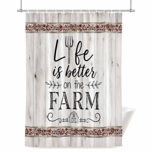 Farmhouse White Shower Curtain 36*72IN , Water-Repellent Polyester Fabric Bathroom Curtain with 12 Plastic Hooks, Shiplap Life Is Better On The Farm White Wood Decorative Bath Curtain with Grommets