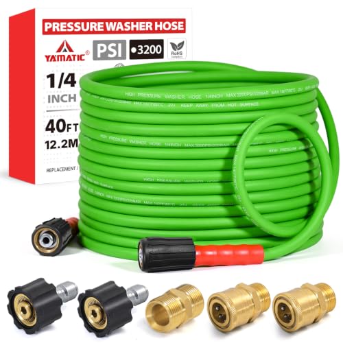 Image of YAMATIC Flexible Pressure Washer Hose 40 FT 1 /4 inch, M22-14mm Females | With 3 /8 inch Quick-Connect Adapters, 3200 PSI Kink-Resistant, Replacement /Extension Hose For Power Washing, Green