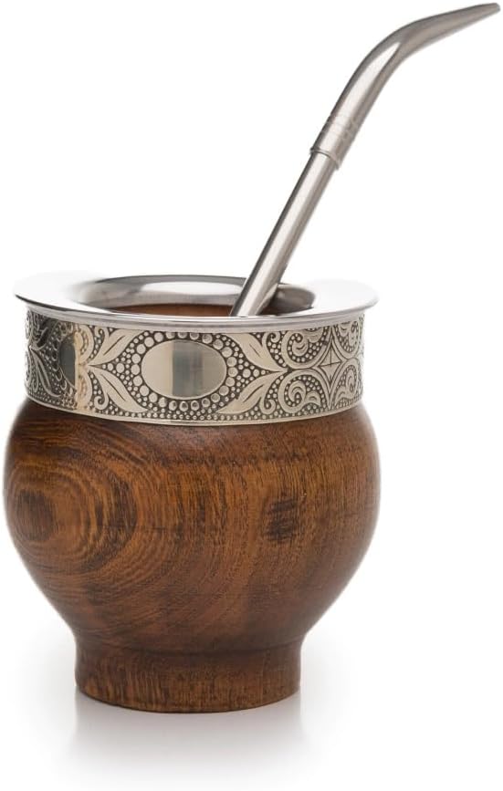Mate Imperial Argentino Algarrobo, Wood Mate, With Straw Tea Gourd Mug One Bombilla (Straw), Wrapped Handmade Leather, Includes Premium Packaging Travel Cup