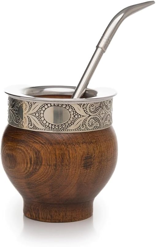 Mate Imperial Argentino Algarrobo, Wood Mate, With Straw Tea Gourd Mug One Bombilla (Straw), Wrapped Handmade Leather, Includes Premium Packaging Travel Cup